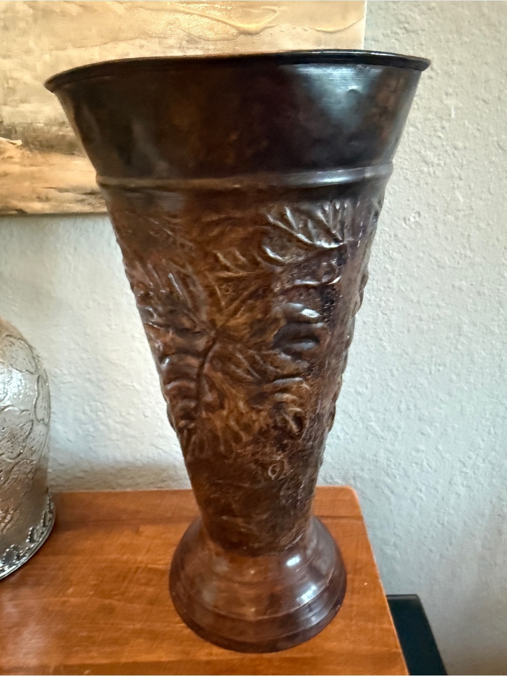 Vintage Bronze Metal Trumpet Vase – Embossed Leaf Design